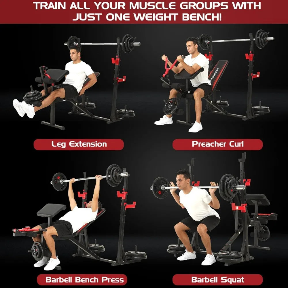 900LBS Weight Bench Set with Squat Rack & Preacher Curl