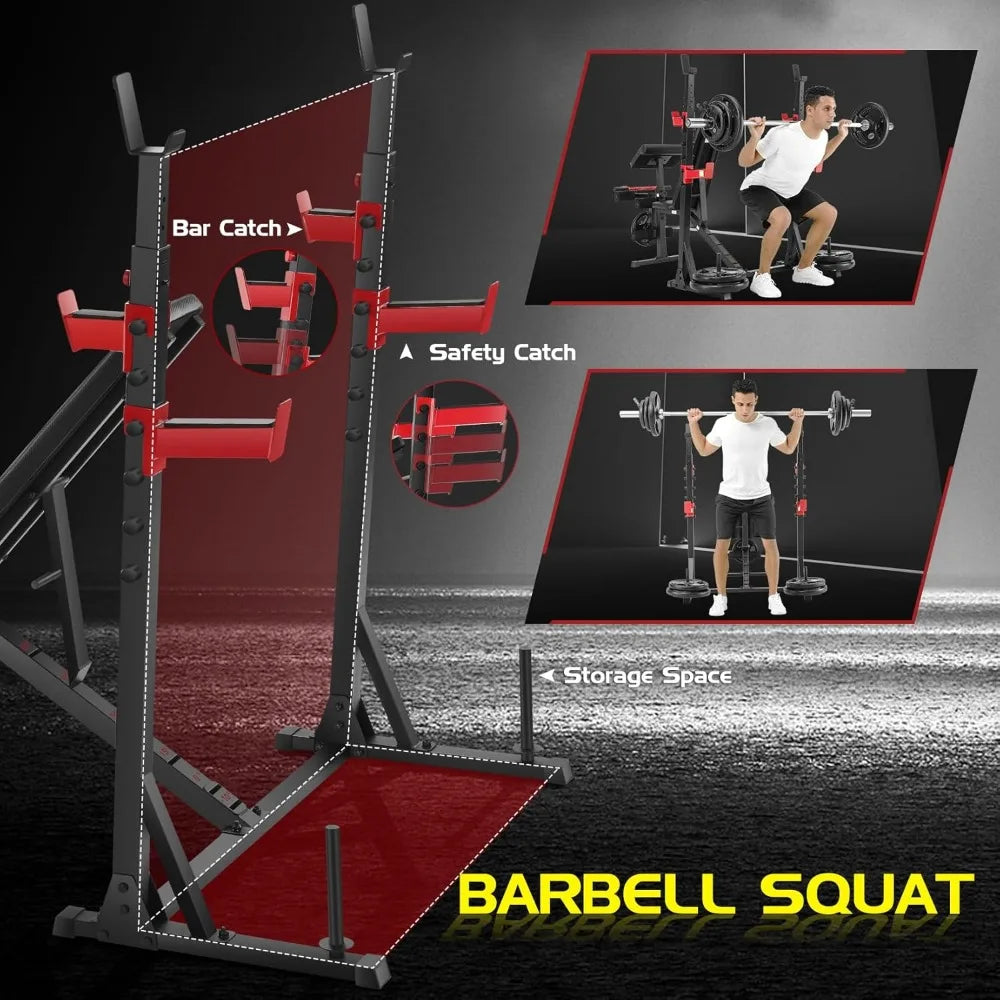900LBS Weight Bench Set with Squat Rack & Preacher Curl