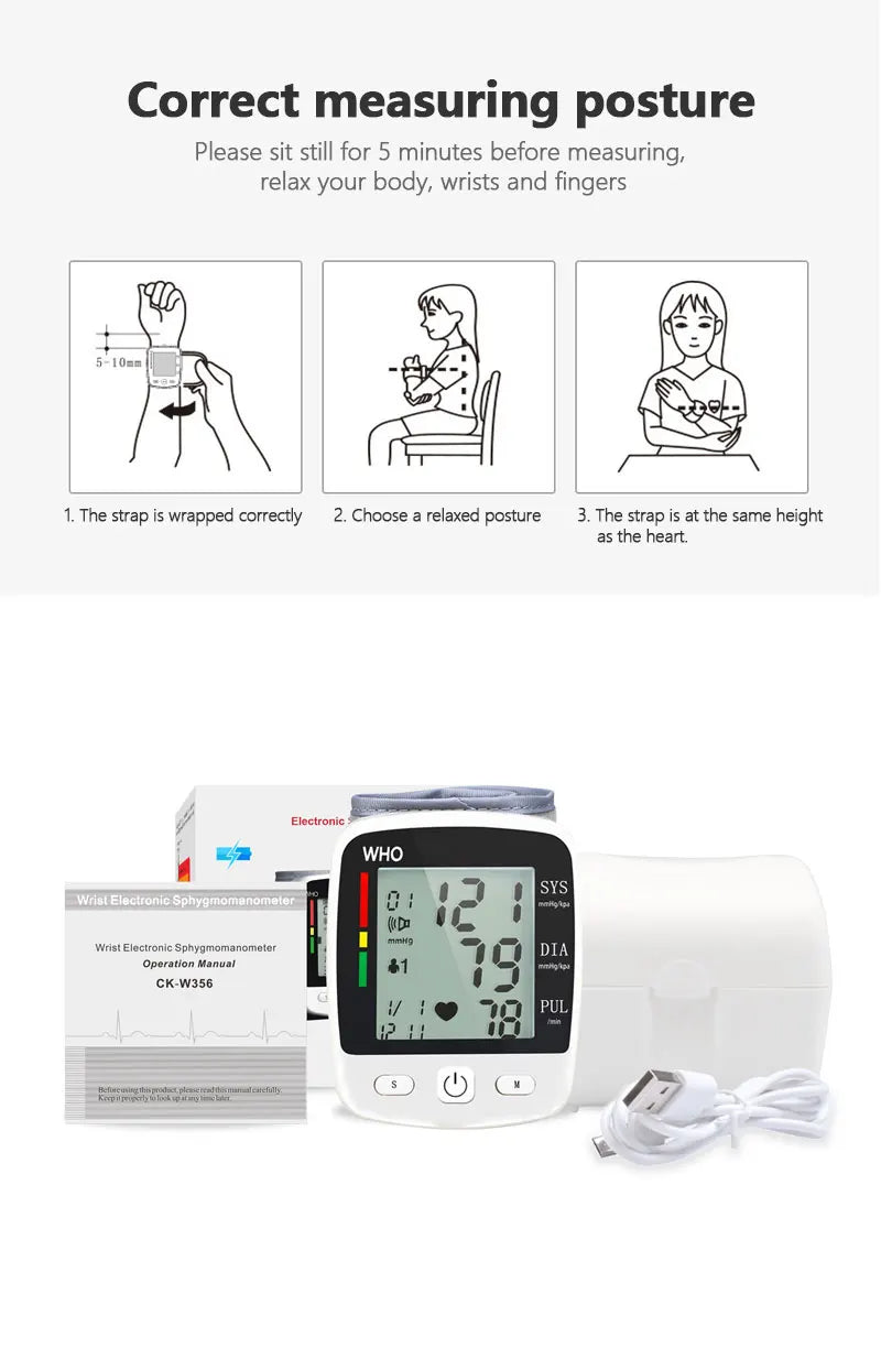 Digital Blood Pressure Monitor – Wrist Tensiometer Electronic Sphygmomanometer