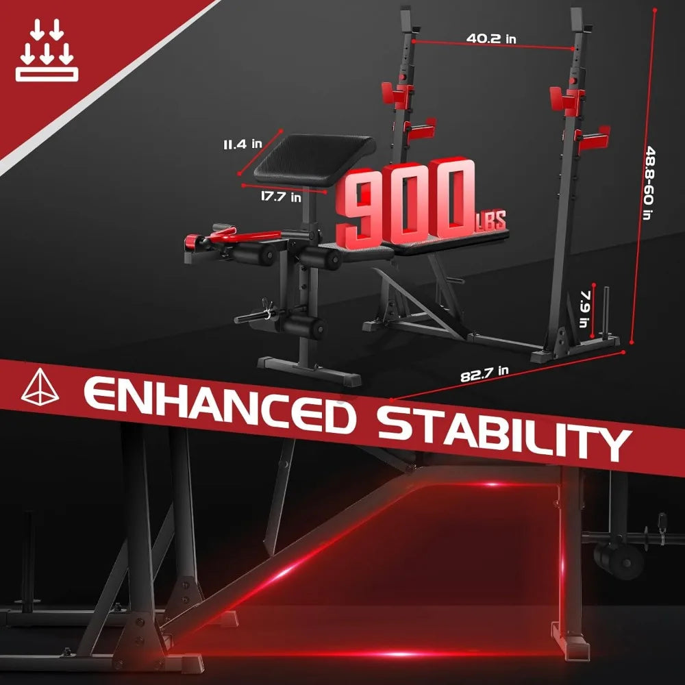 900LBS Weight Bench Set with Squat Rack & Preacher Curl
