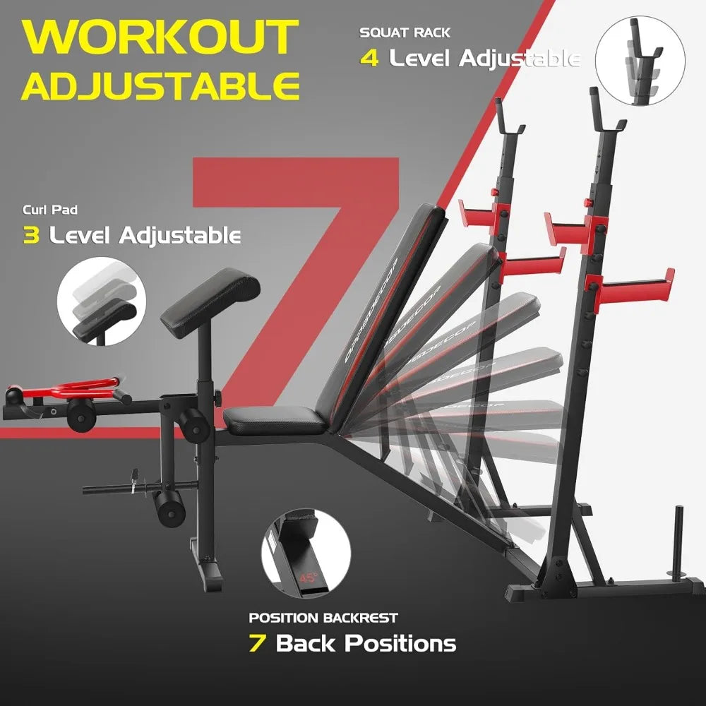 900LBS Weight Bench Set with Squat Rack & Preacher Curl