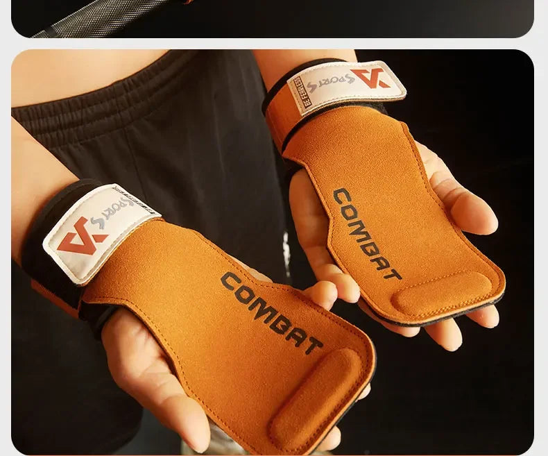 1 Pair Cowhide Gym Gloves Grips – Anti-Skid Weightlifting Pads for Deadlifts & Powerlifting